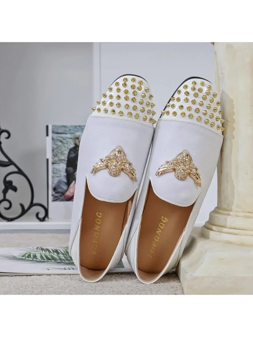 FQEQNQG Men's White Velvet Loafers Metal Buckle Shiny Slip On Classic Shoes